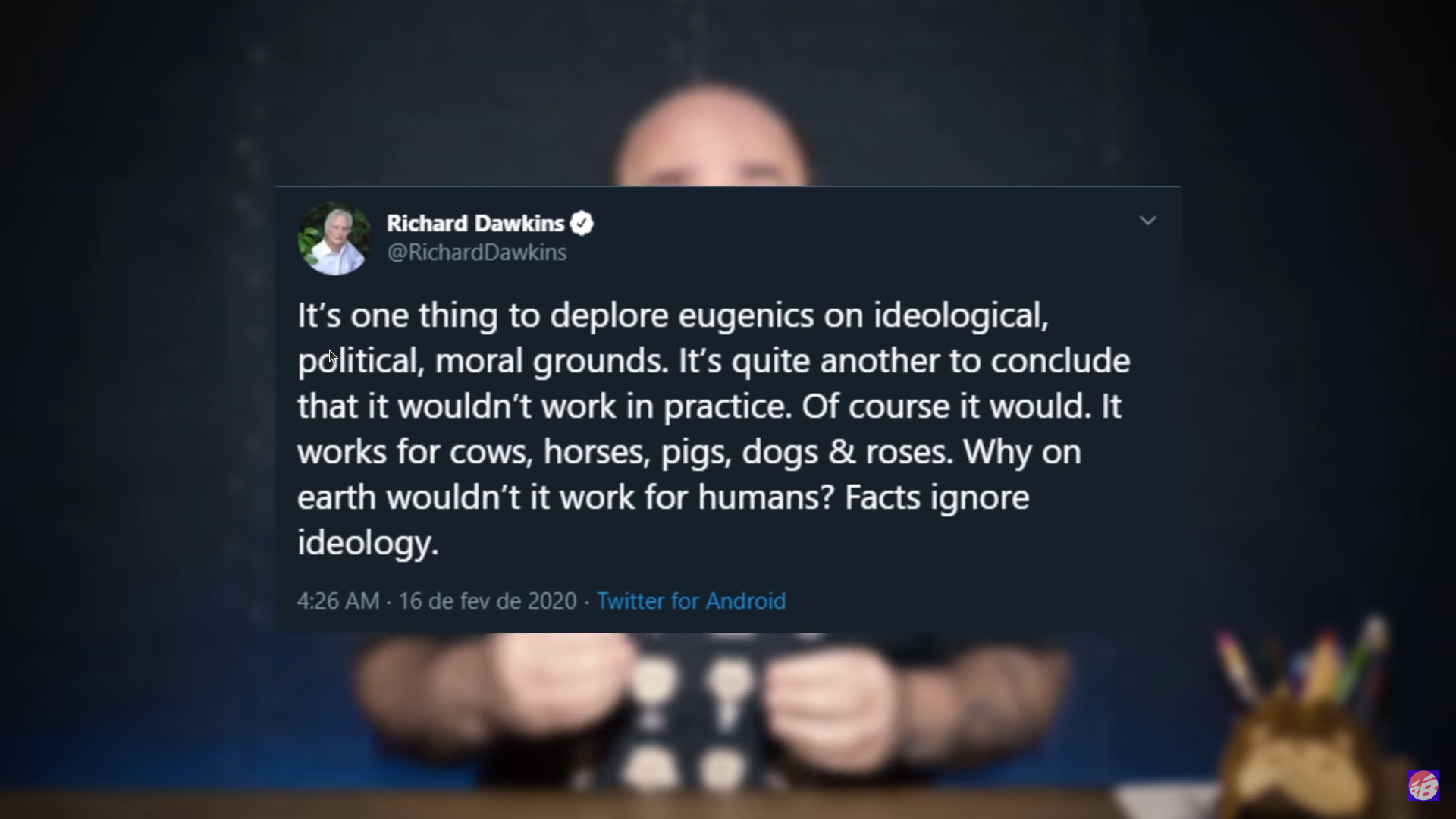 print de um tweet de Richard Dawkins defendendo a eugenia em 16 de fevereiro de 2020.